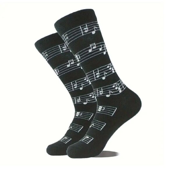 Musical Note Printed Black Crew Socks Concert Musician Music Novelty Singer - Picture 5 of 8